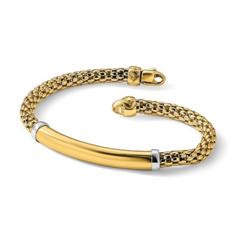 14K Two-tone Polished Popcorn Mesh Bar 7.5 inch Bracelet - Picture 8 of 10